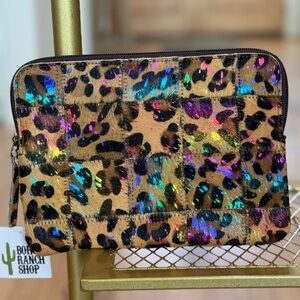 BOHO RANCH - NWT - Genuine Cowhide Pouch Bag - Leopard + Rainbow T3